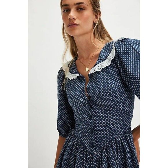 Free People Need To Know Mini Dress Eyelet Lace Printed Puff Sleeve S-6 283063 - Picture 3 of 9